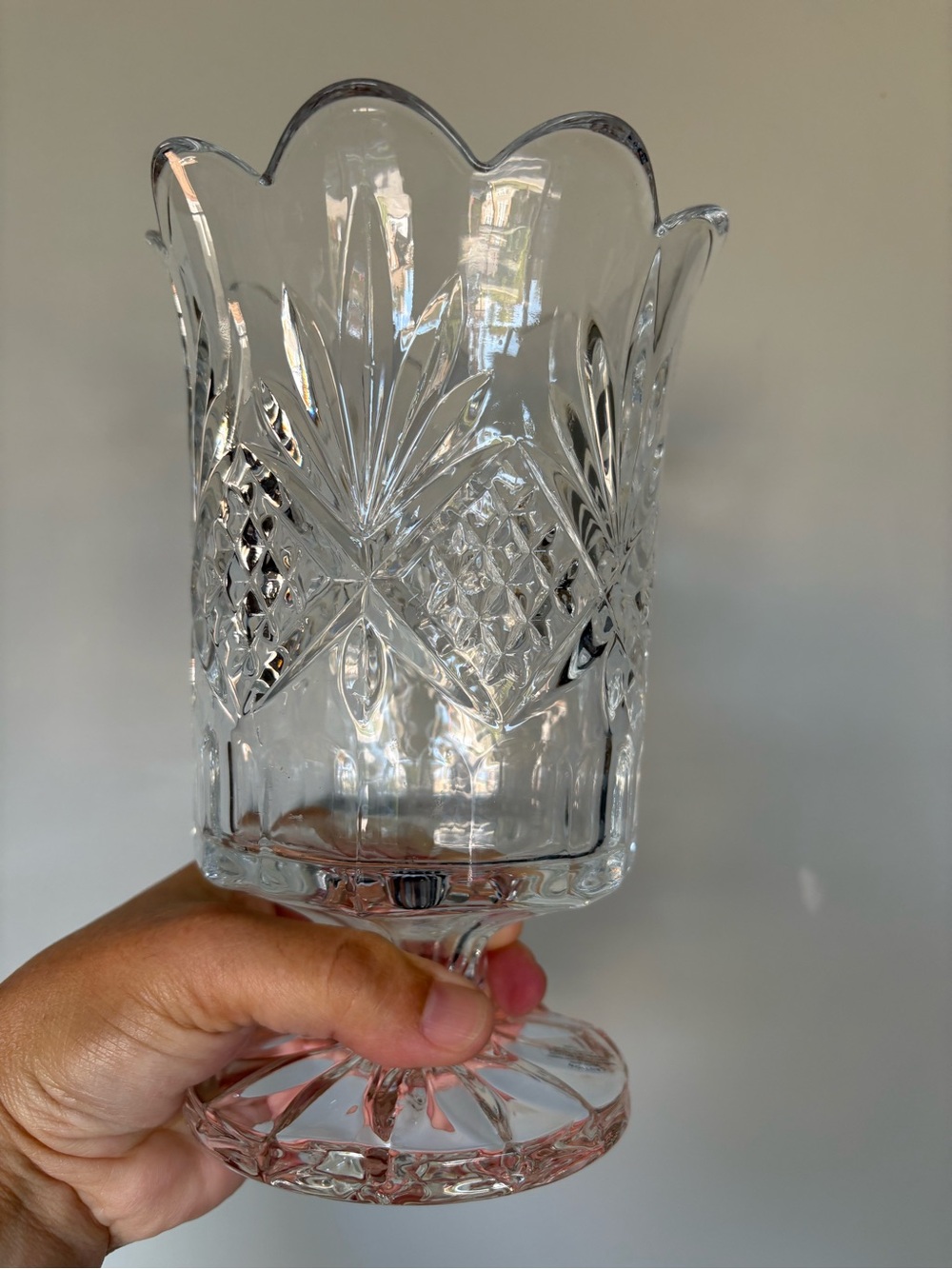 ✨ Vintage Cut Glass Hurricane Candle Holder / Vase | Scalloped Edge Home Accent